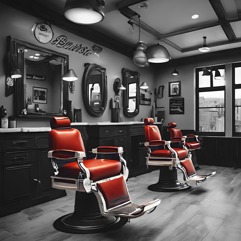 barber shop elegante con sedute rosso acceso